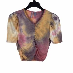 Good Luck Girl Cinched Tie Dye Pink Purple Orange Short Sleeve Jersey Knit Sz XL